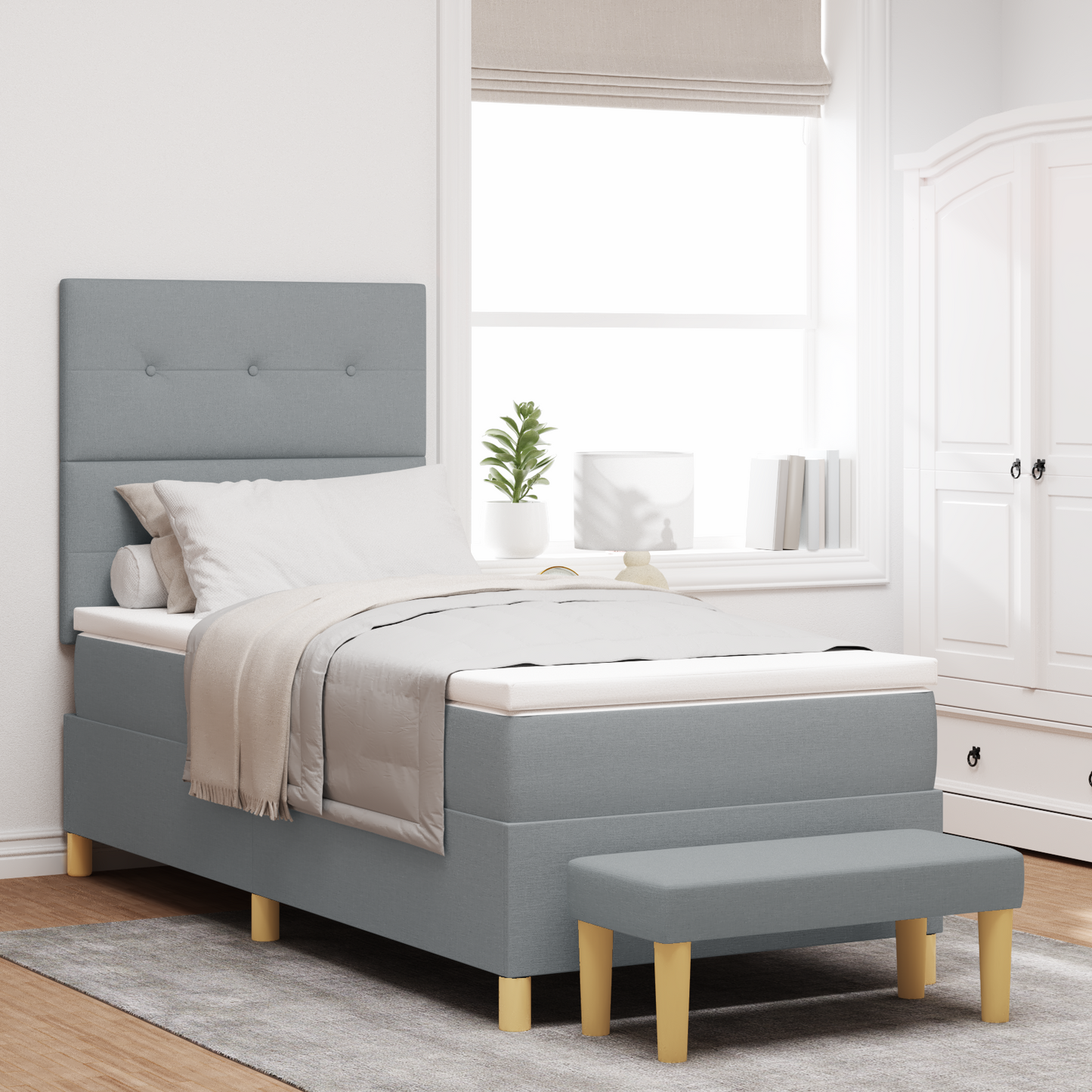Box Spring Seng Med Madras Lysegrå 100 X 200 Cm Stof