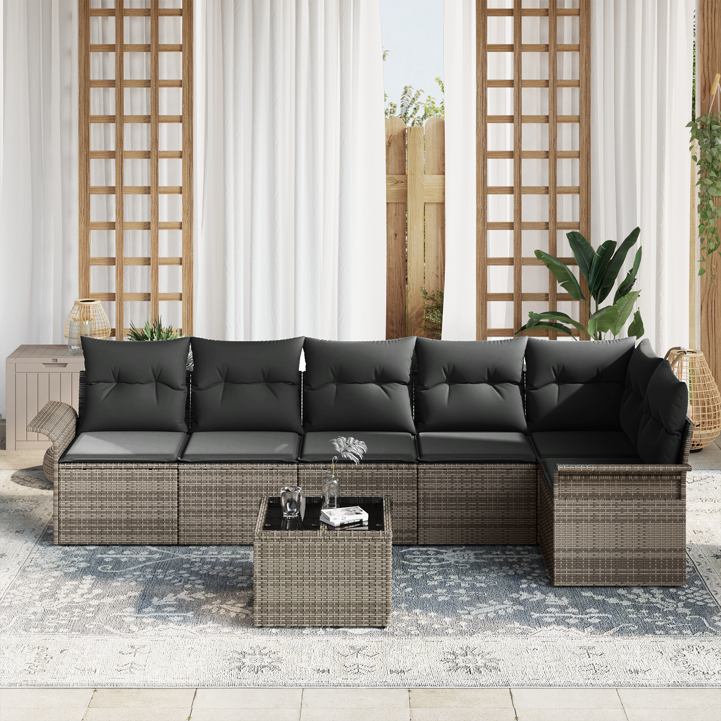 6 Delt Have Sofa Sæt Med Puder Sort Poly Rattan