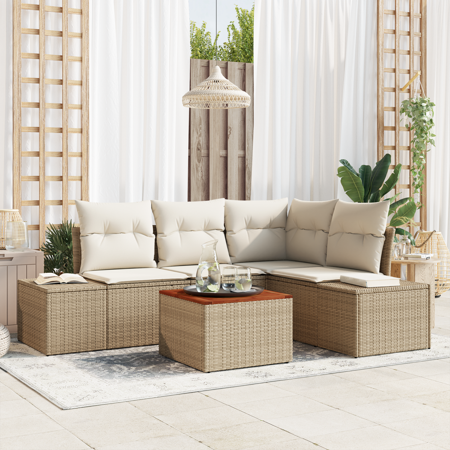 5-Delt Have-Sofa Sæt Med Puder Beige Poly Rattan Akacie