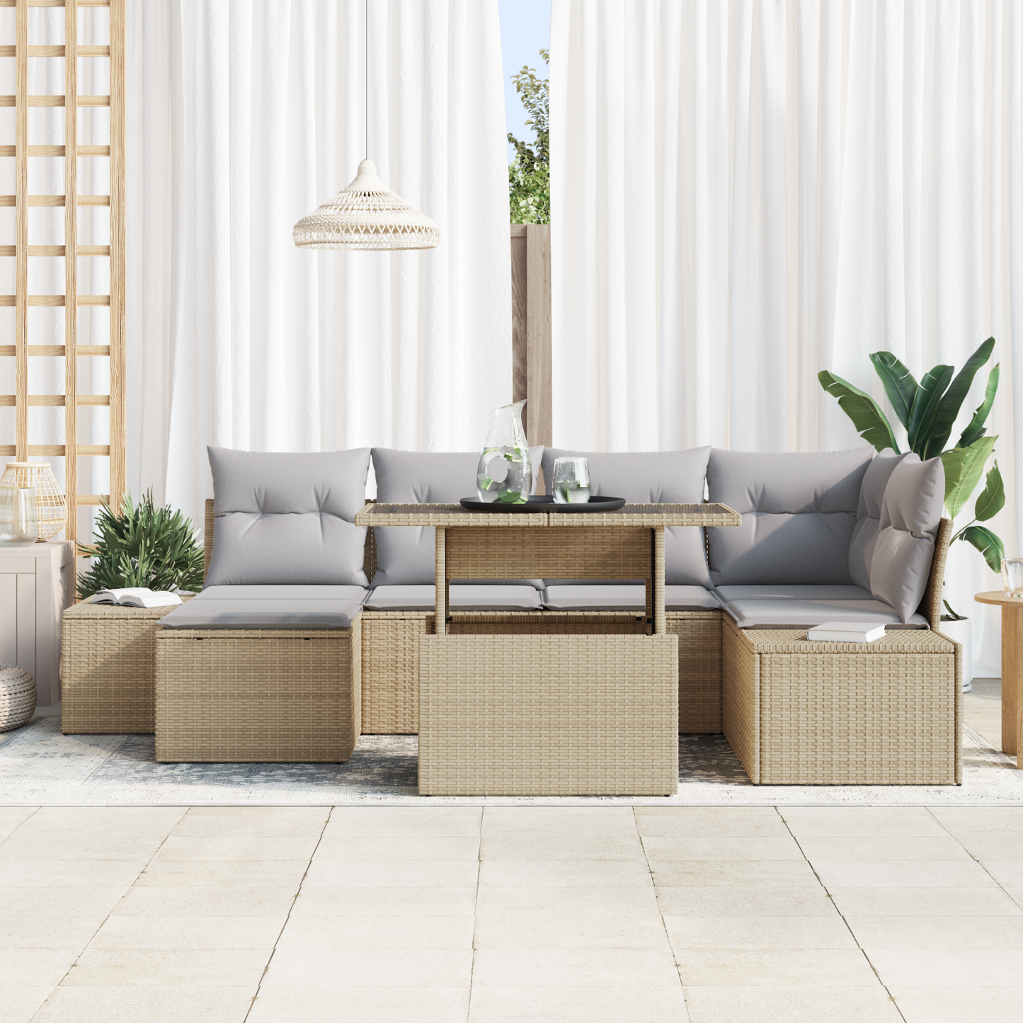 7 Delt Havesofa Sæt Med Puder Beige Poly Rattan