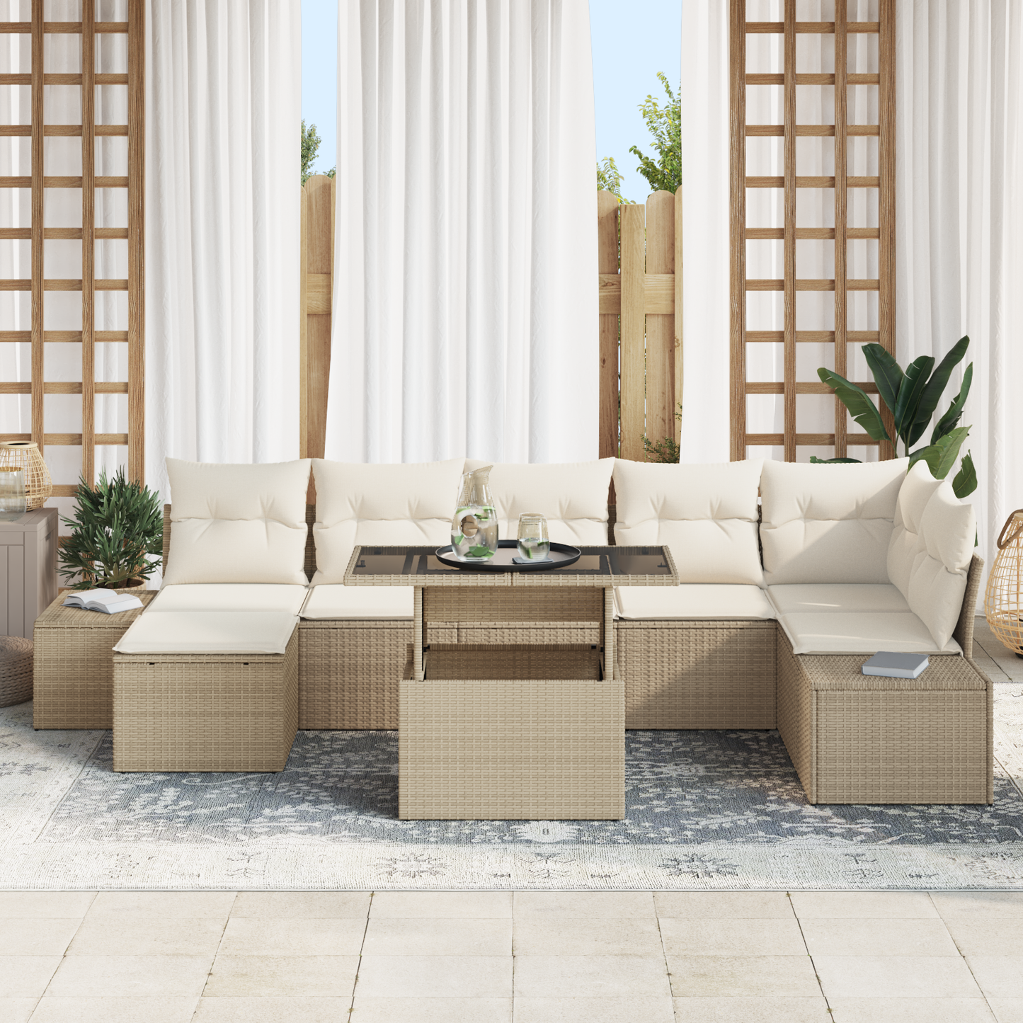 8 Dele Have Sofa Sæt Med Puder Beige Poly Rattan
