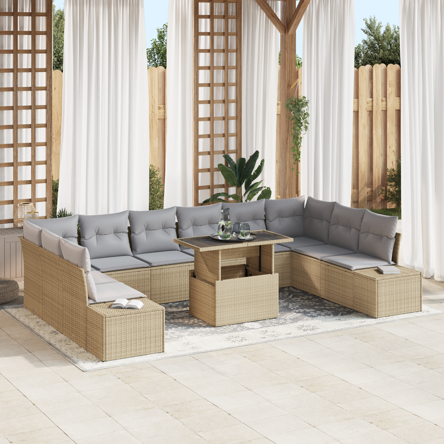 11 Delers Have Sofa Sæt Med Puder Beige Poly Rattan