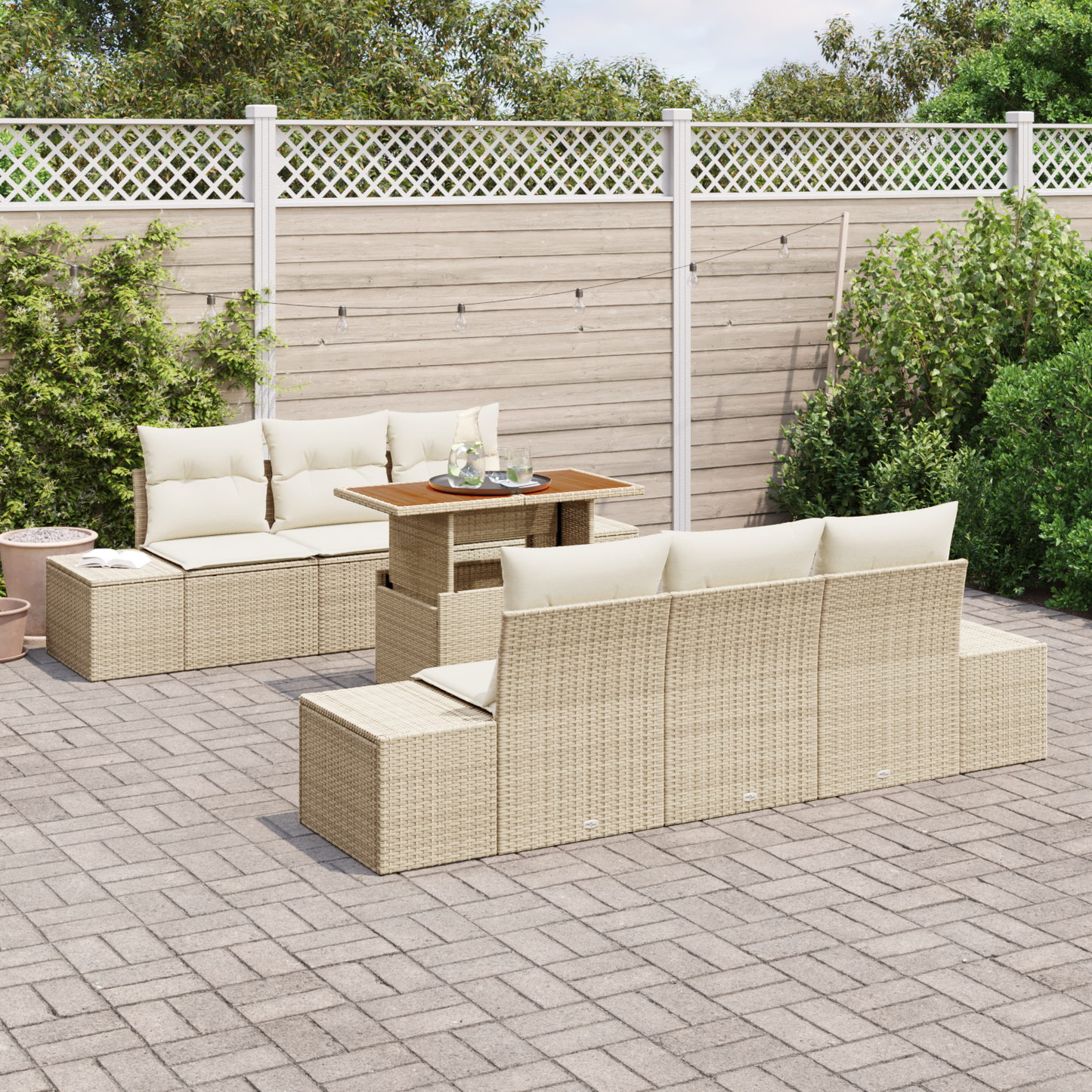 7-Delt Havemøbelsæt Med Puder Beige Poly Rattan Akacie