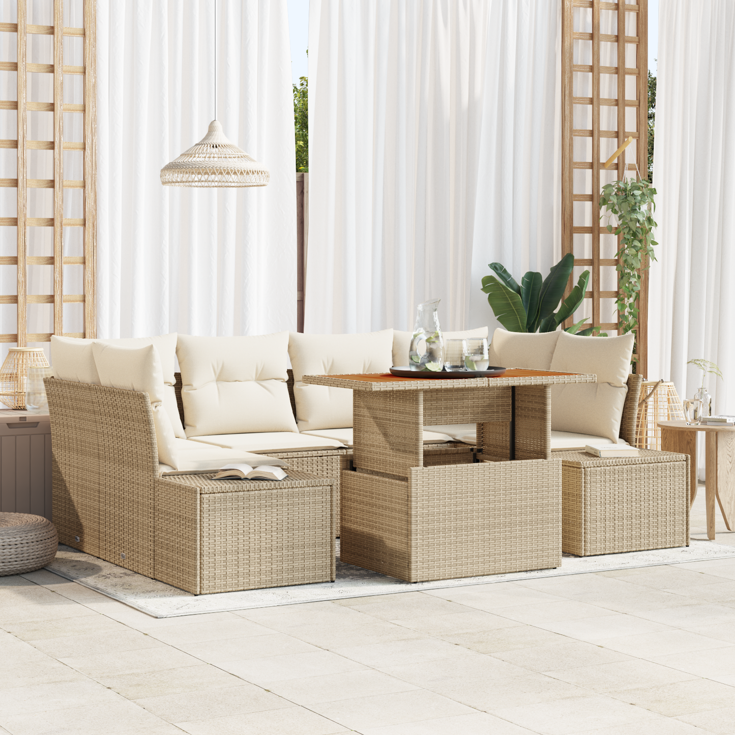 7-Delt Have Spisebordssæt Med Puder Beige Poly Rattan Akacie