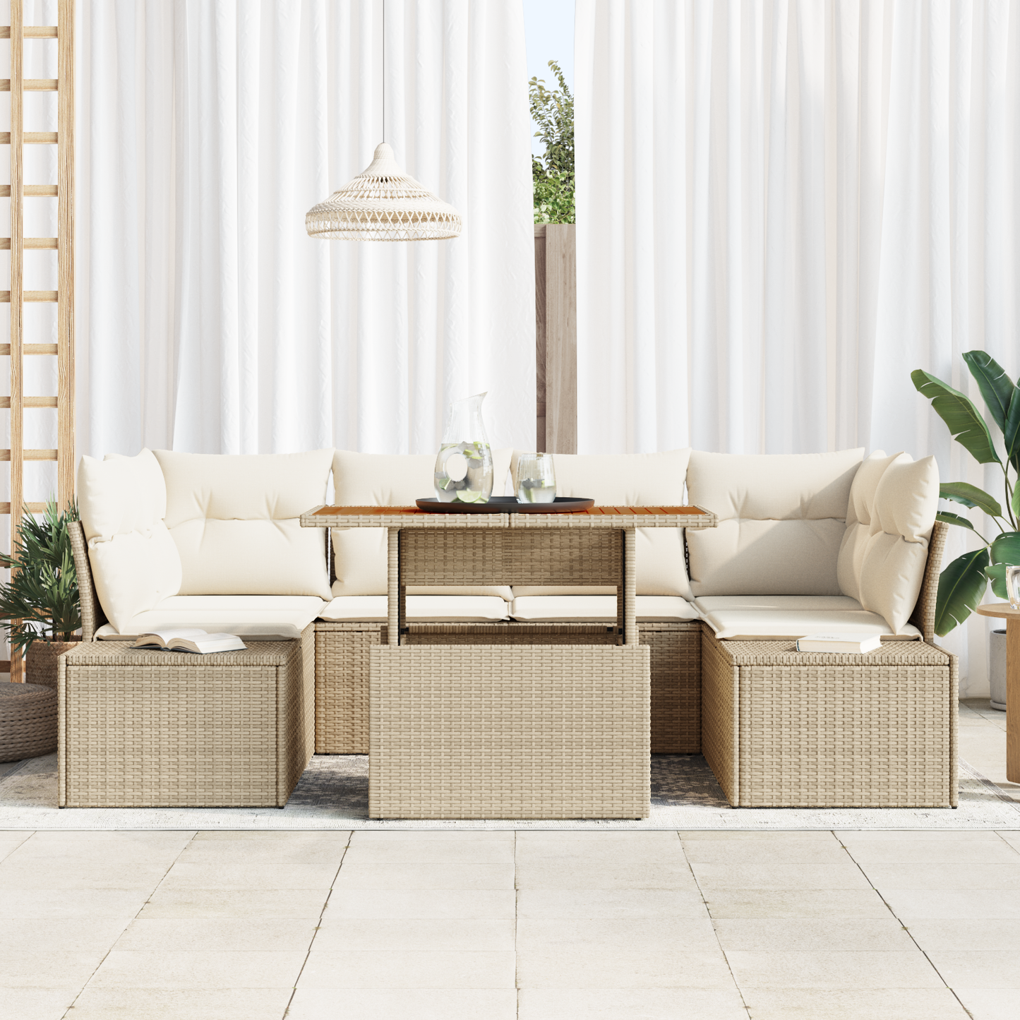 7-Delt Have Spisebordssæt Med Puder Beige Poly Rattan Akacie