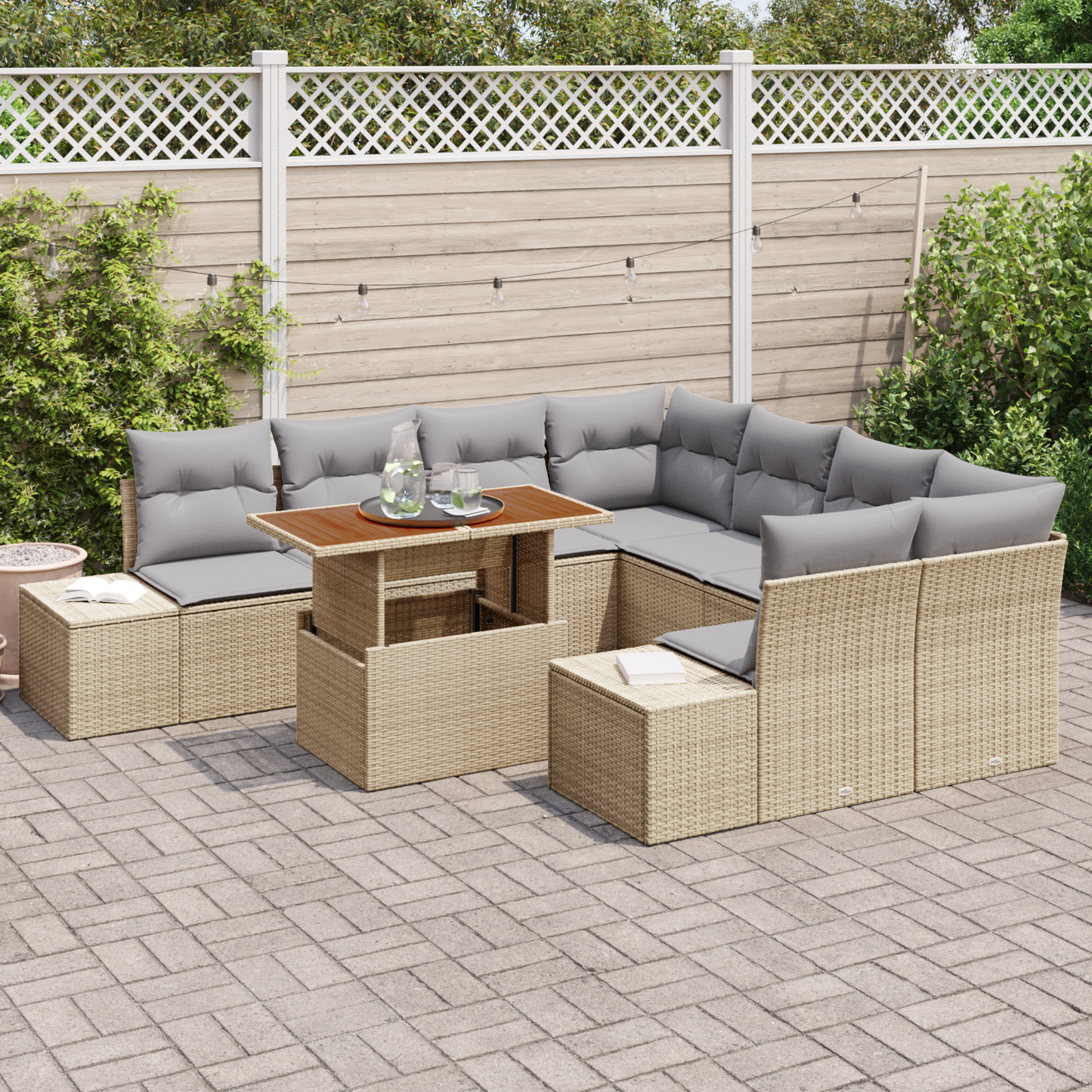 9-Delt Havemøbel Sæt Med Puder Beige Poly Rattan Akacie