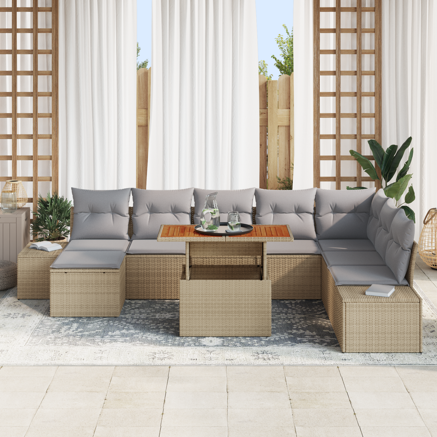 9-Delers Have Spisesæt Med Puder Beige Poly Rattan Akacietræ
