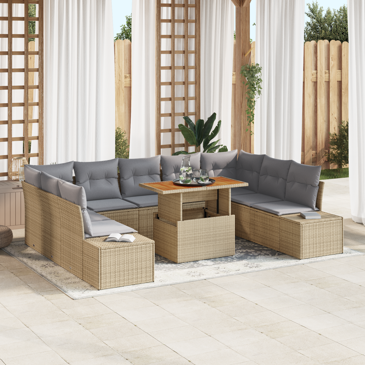 10 Delers Have Spisebordssæt Med Puder Beige Poly Rattan Akacie