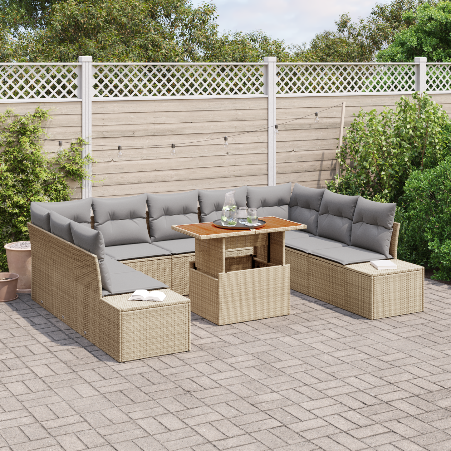 10 Delers Have Spisebordssæt Med Puder Beige Poly Rattan Akacie