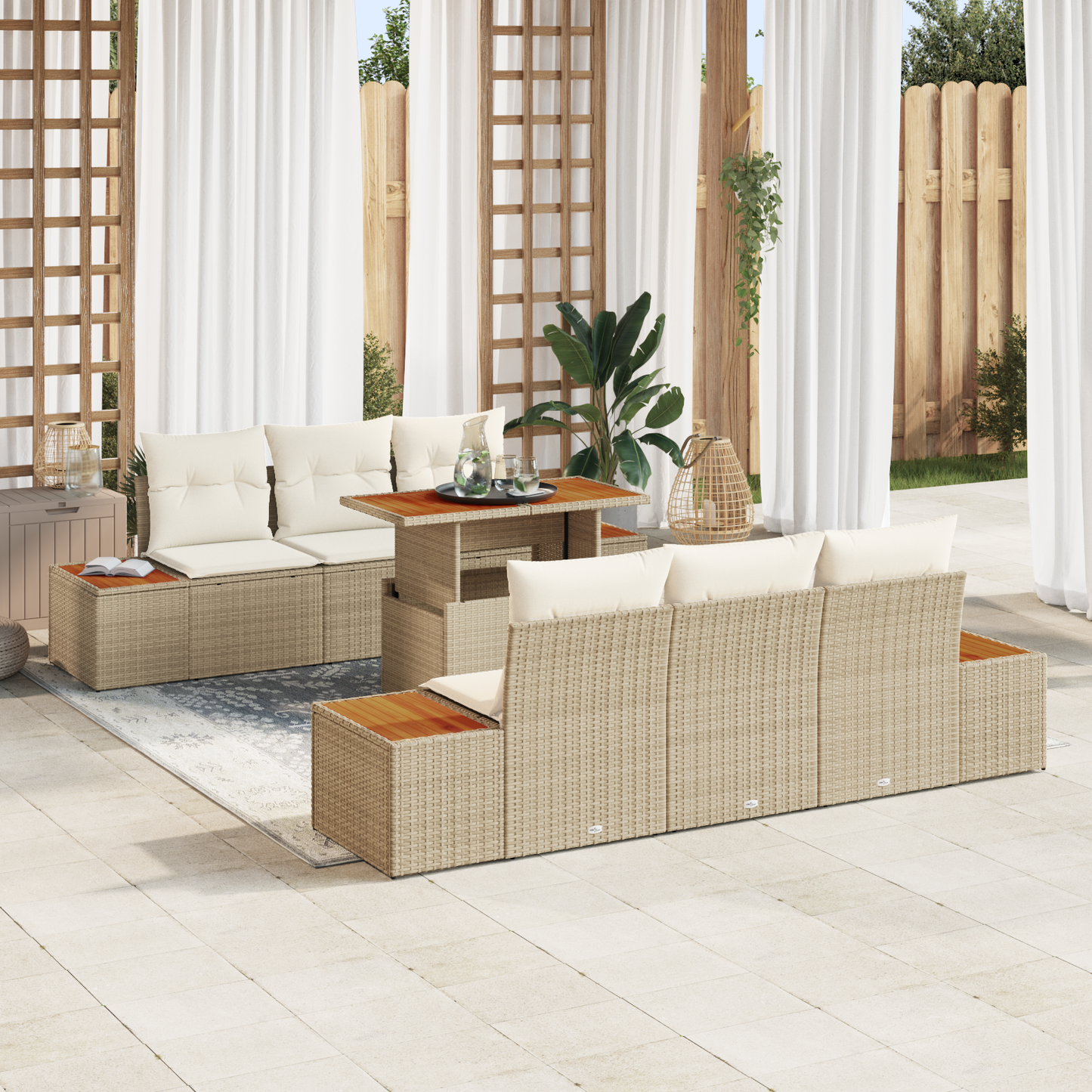 7 Delers Have Spisebord Sæt Med Hynder Beige Poly Rattan Akacie