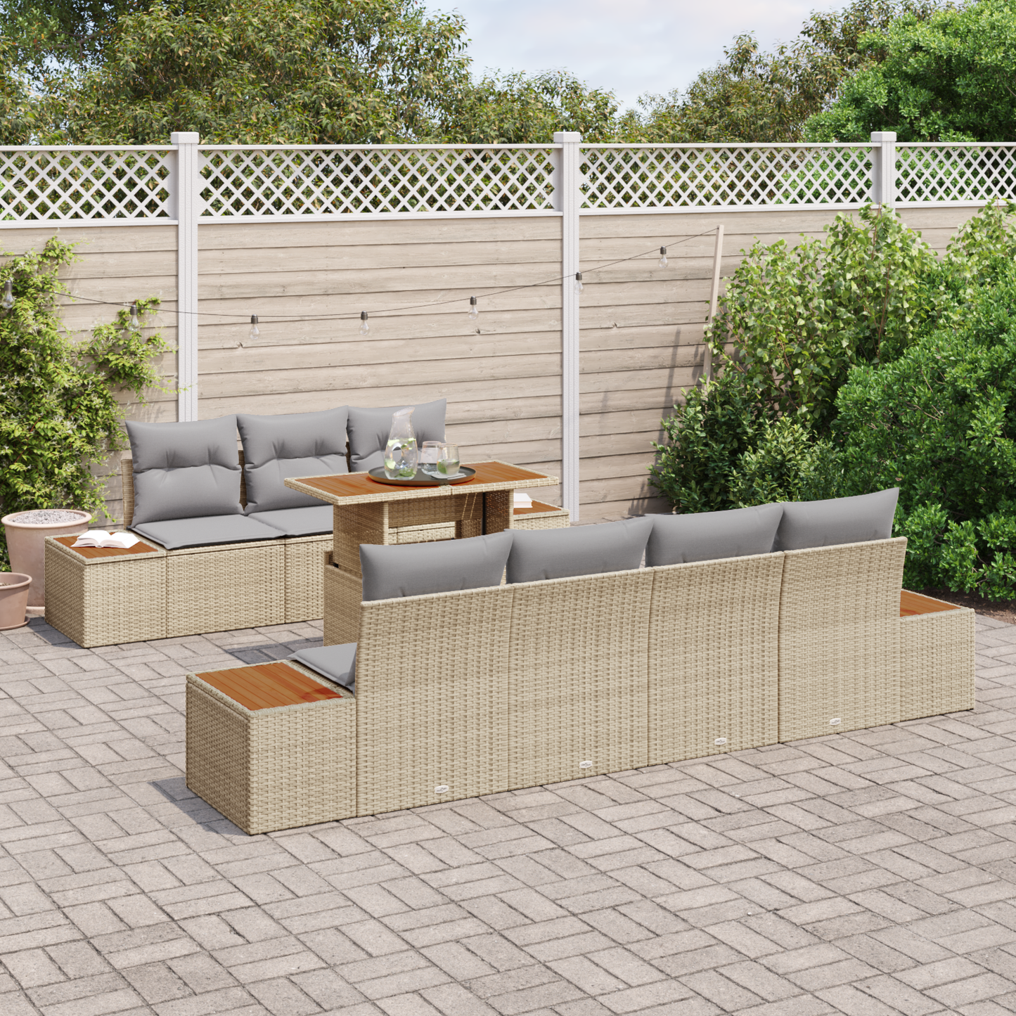 8 Dele Have Dining Sæt Med Puder Beige Poly Rattan Akacie