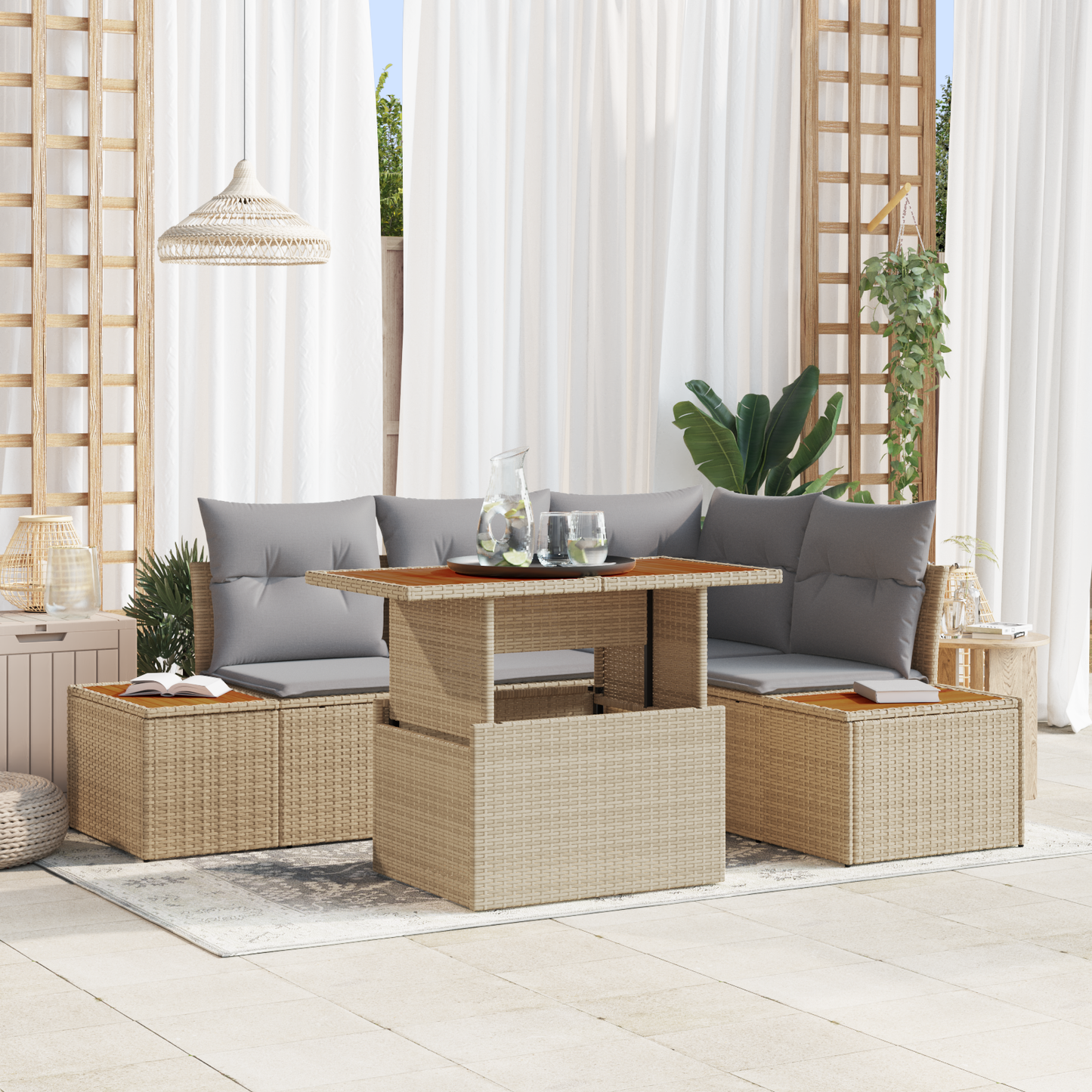 5-Delt Have Spisebord Sæt Med Puder Beige Poly Rattan Akacietræ