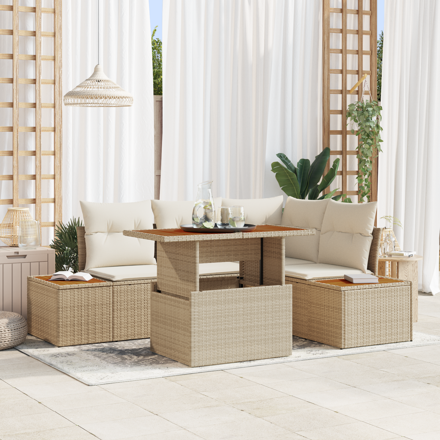 5-Delt Have Spisebord Sæt Med Puder Beige Poly Rattan Akacietræ
