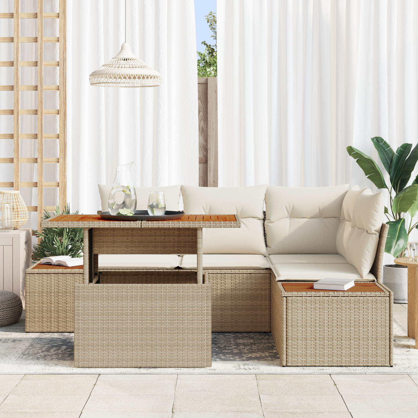 5-Delt Have Spisebord Sæt Med Puder Beige Poly Rattan Akacietræ