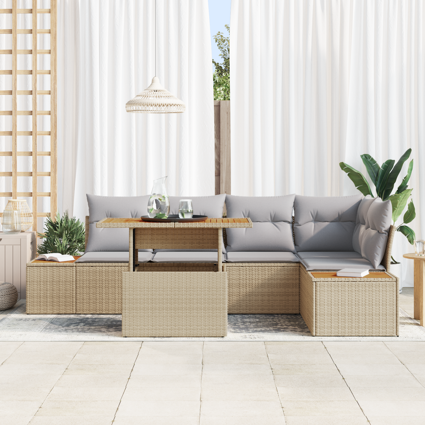 6 Delers Have Spisestueset Med Puder Beige Poly Rattan Akacietræ