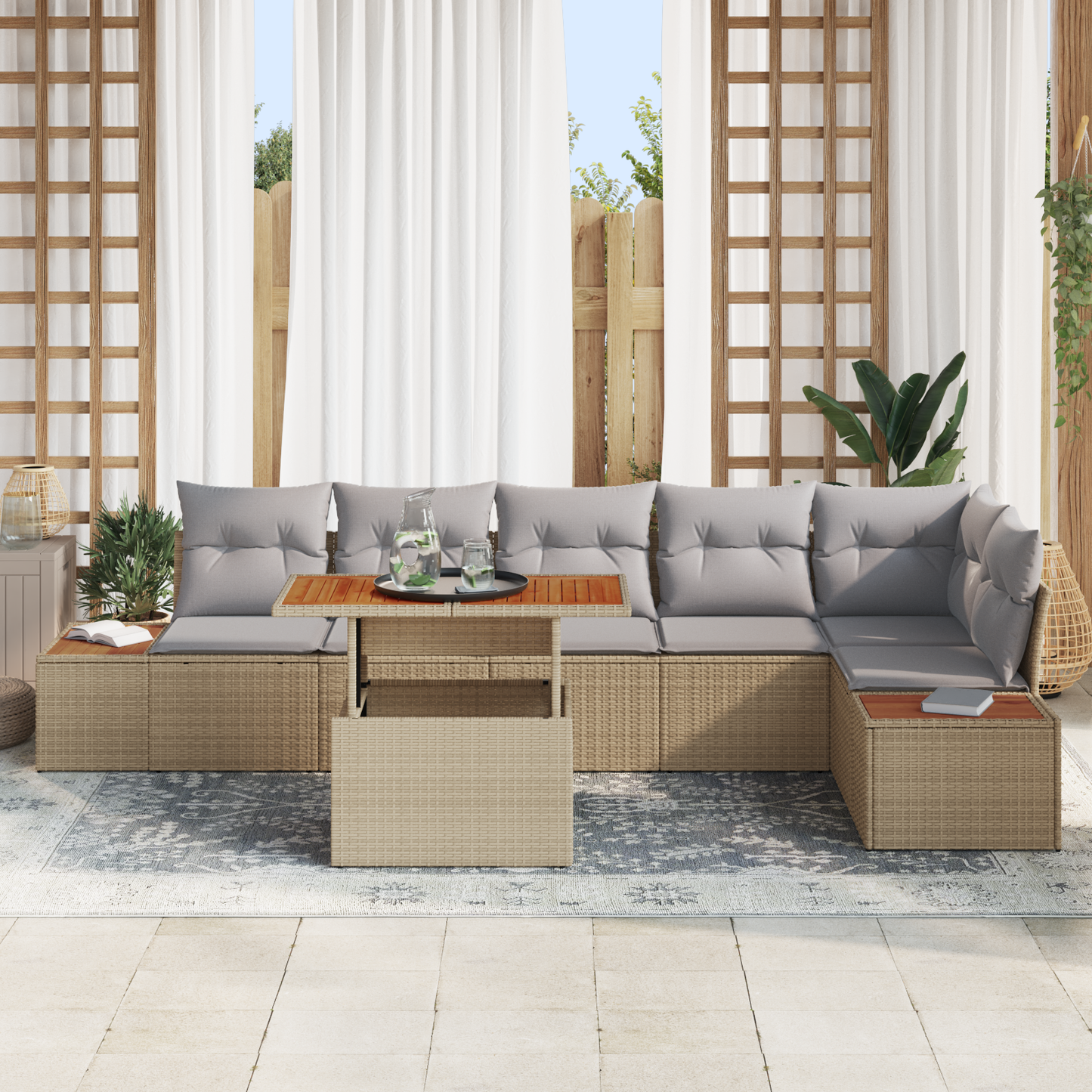 7-Delt Have Spisebord Sæt Med Puder Beige Poly Rattan Akacie