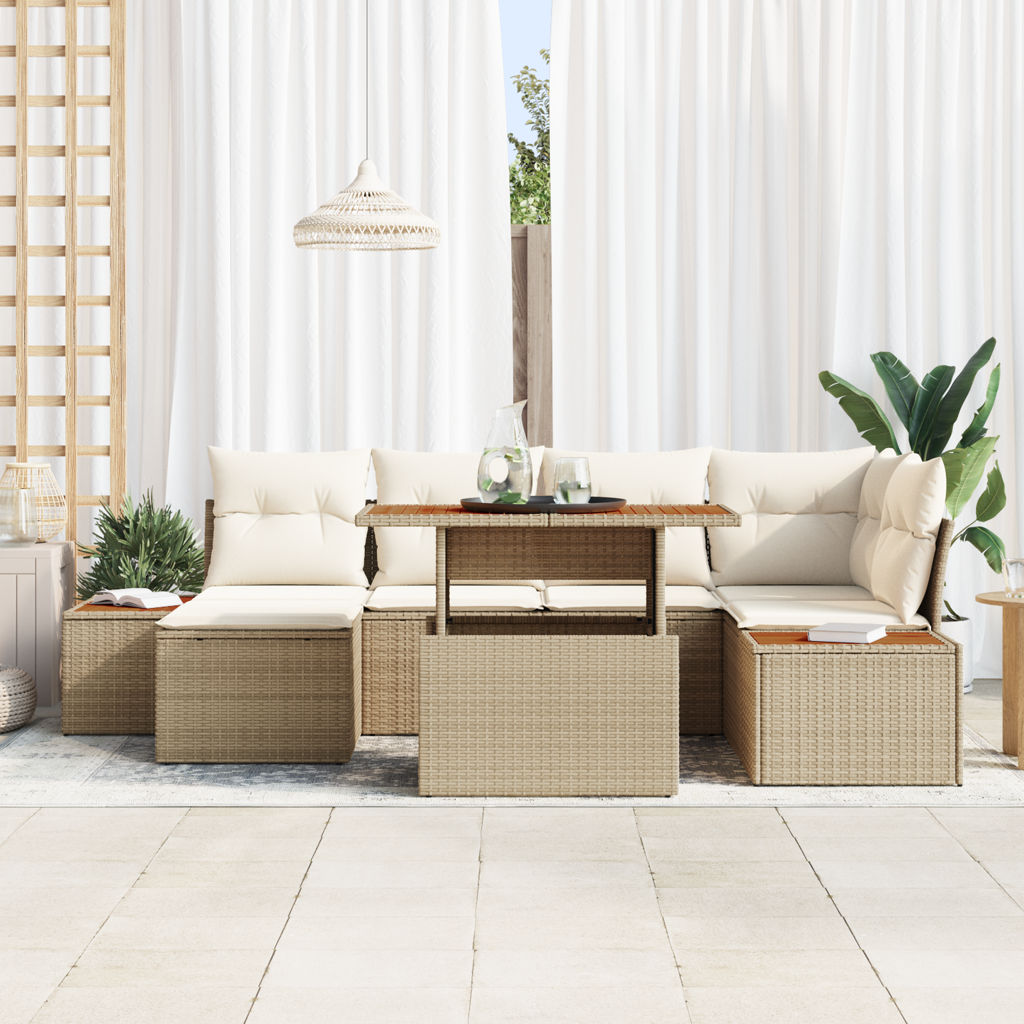 7-Delt Have Spisestuesæt Med Puder Beige Poly Rattan Akacie