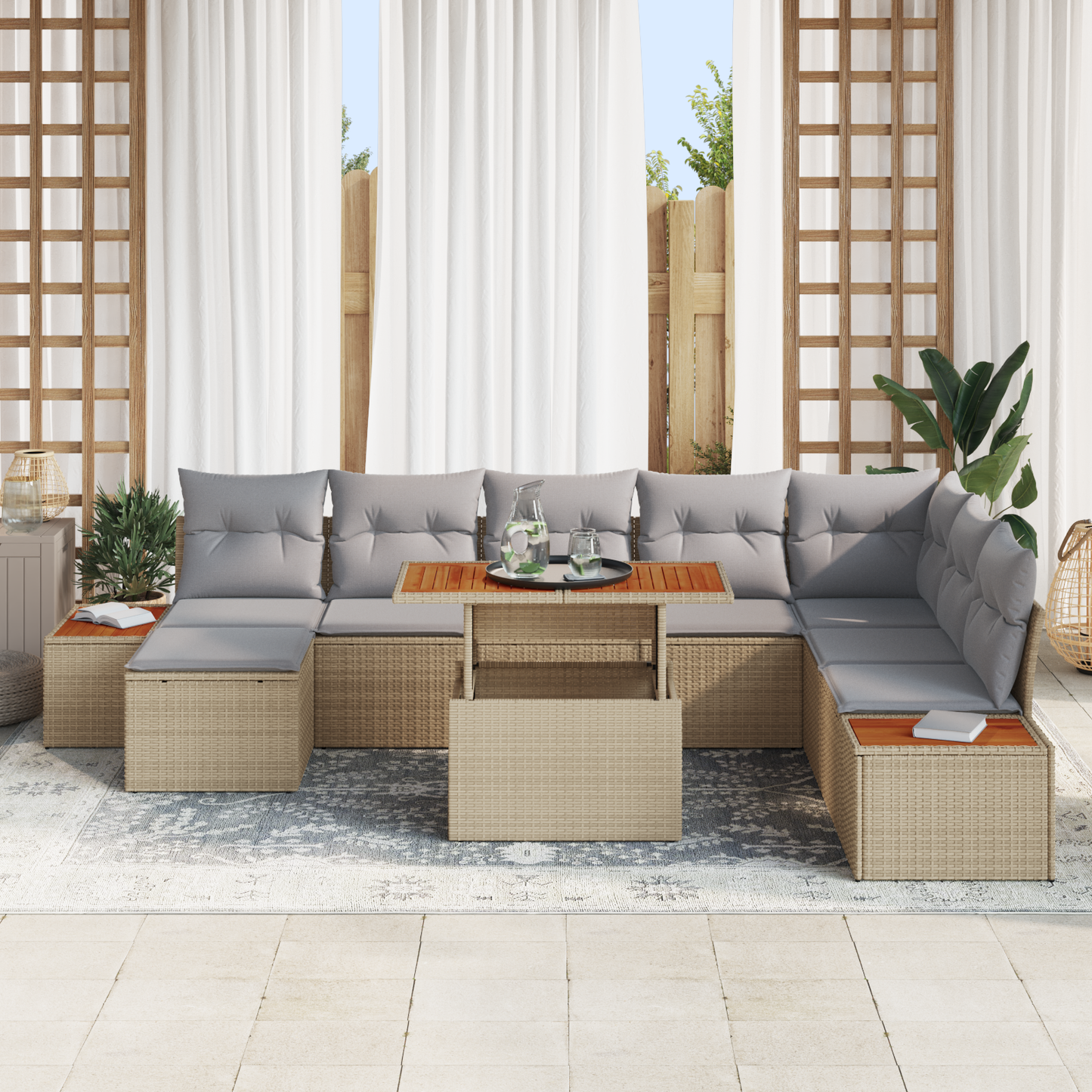 9 Delers Have Spisebord Sæt Med Puder Beige Poly Rattan Akacie