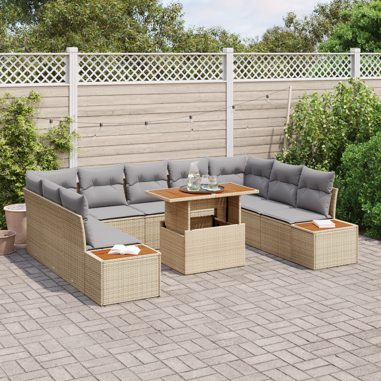 10 Delers Have Spisesæt Med Puder Beige Poly Rattan Akacie