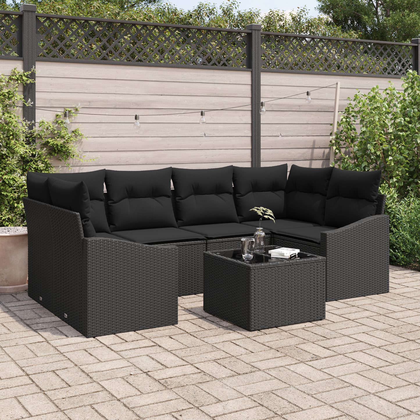 7 Delt Have Spisesæt Med Puder Sort Poly Rattan