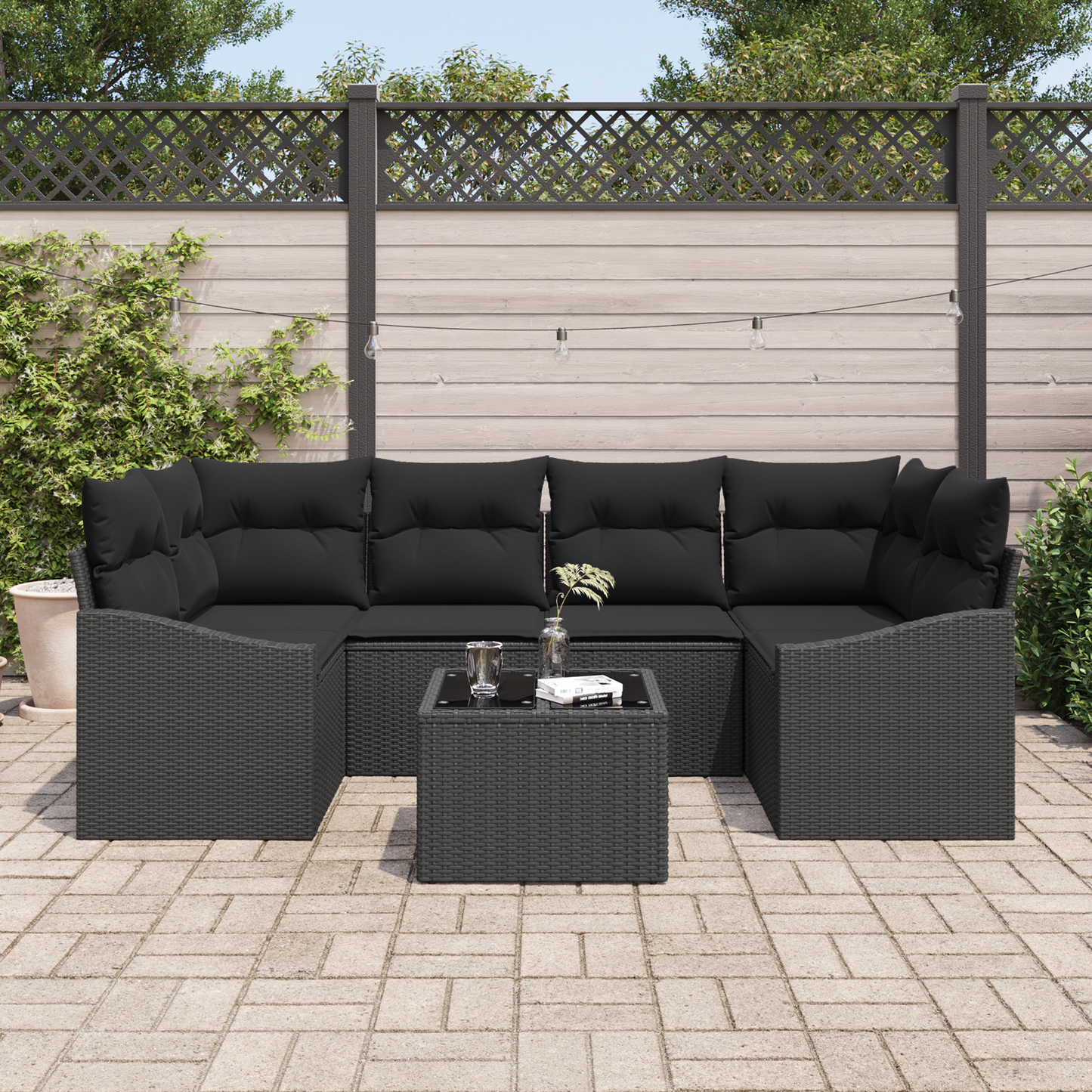 7 Delt Have Spisesæt Med Puder Sort Poly Rattan