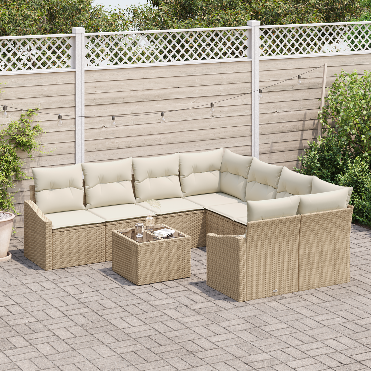 9 Personers Havemøbel Sæt Med Puder Beige Poly Rattan