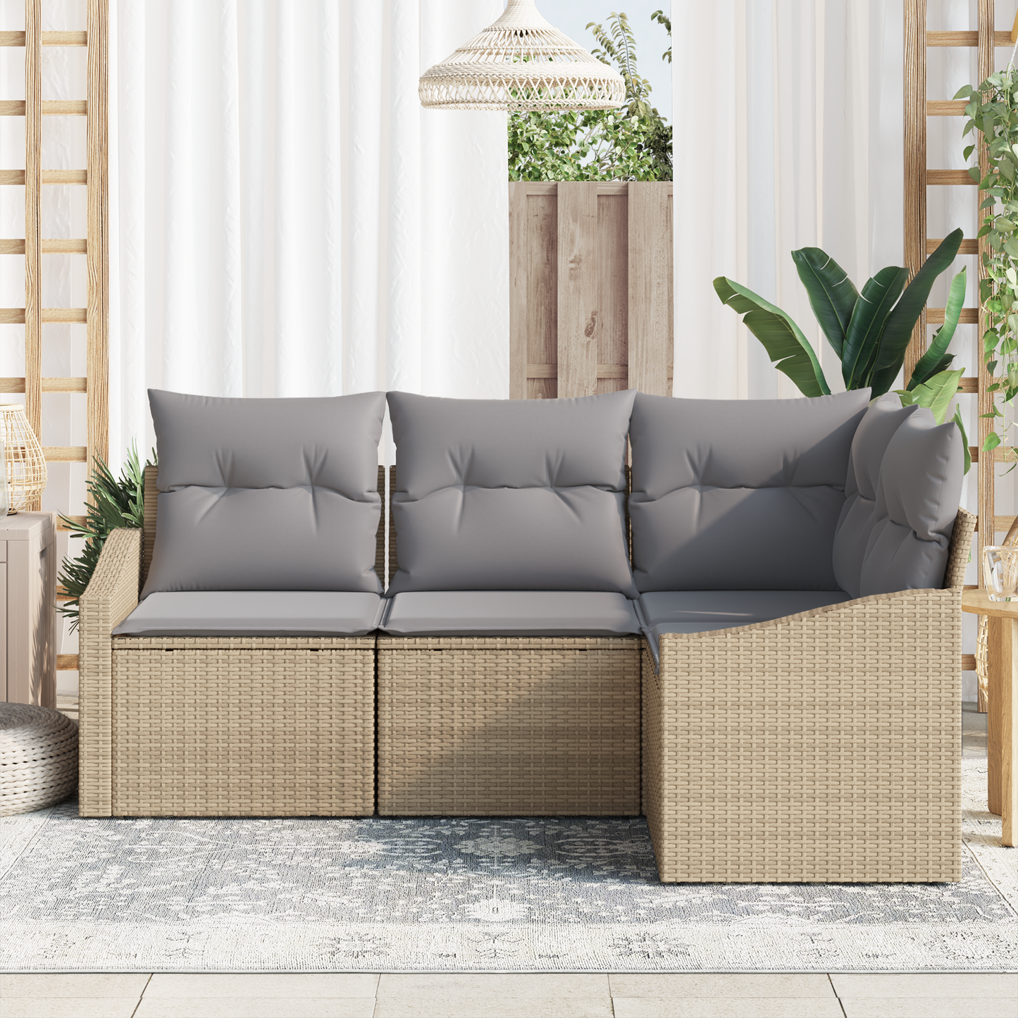 4 Delt Have Spisebordssæt Med Puder Beige Poly Rattan