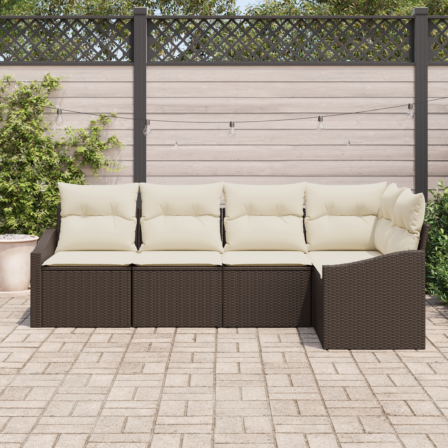 5 Delers Have Spisestel Med Puder Brun Poly Rattan