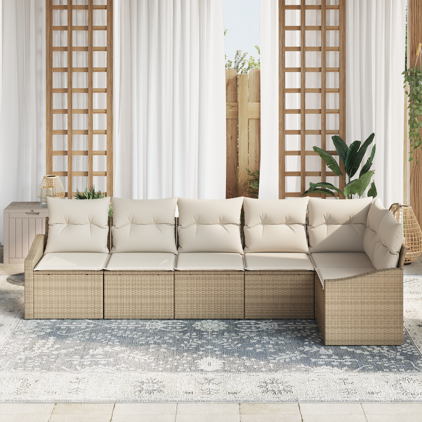 6 Delt Have Spisebord Sæt Med Puder Beige Poly Rattan