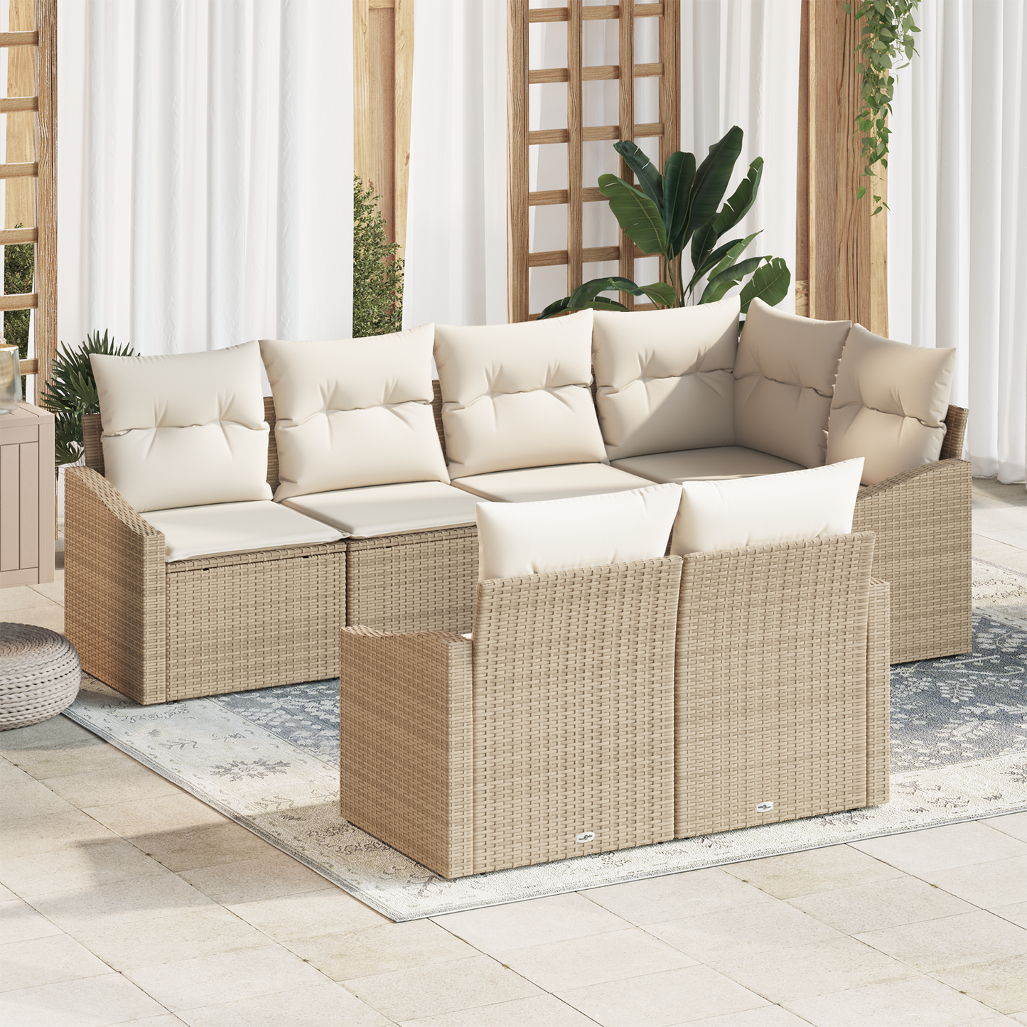 7 Delers Have Spisebordssæt Med Puder Beige Poly Rattan