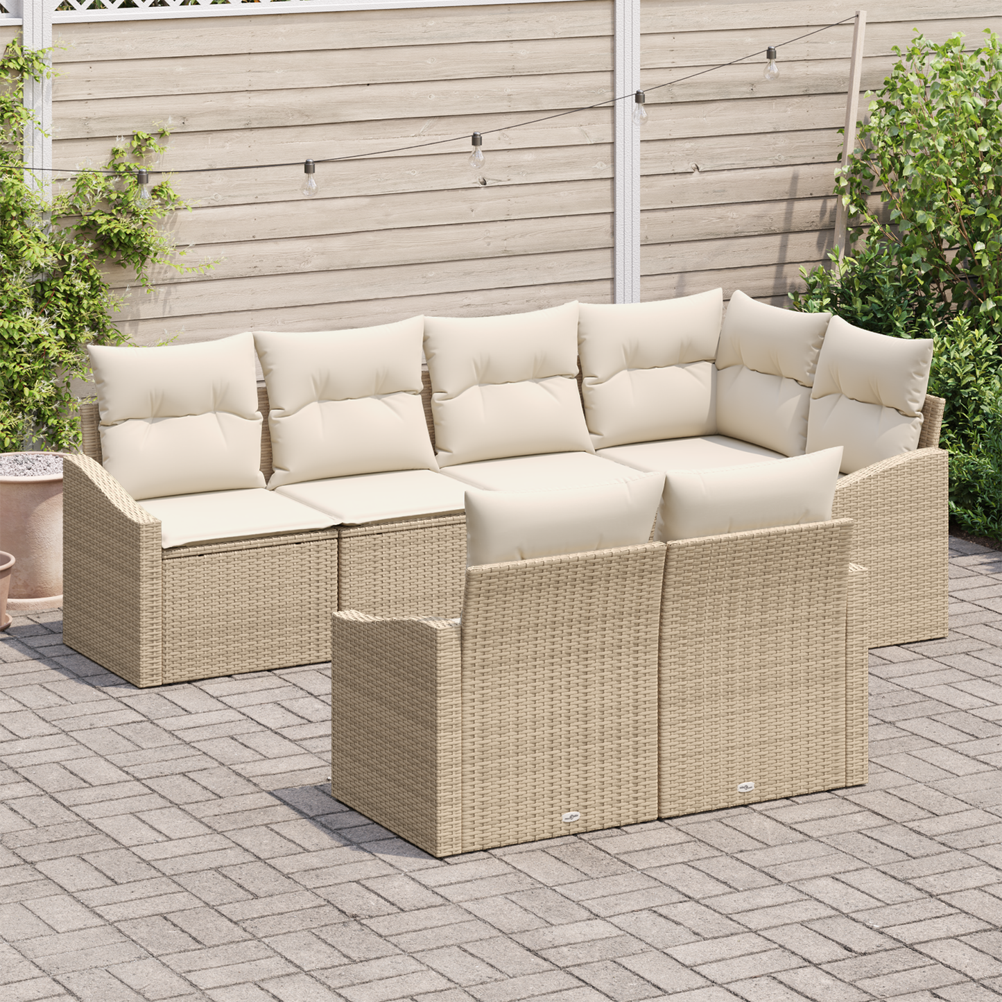 7 Delers Have Spisebordssæt Med Puder Beige Poly Rattan