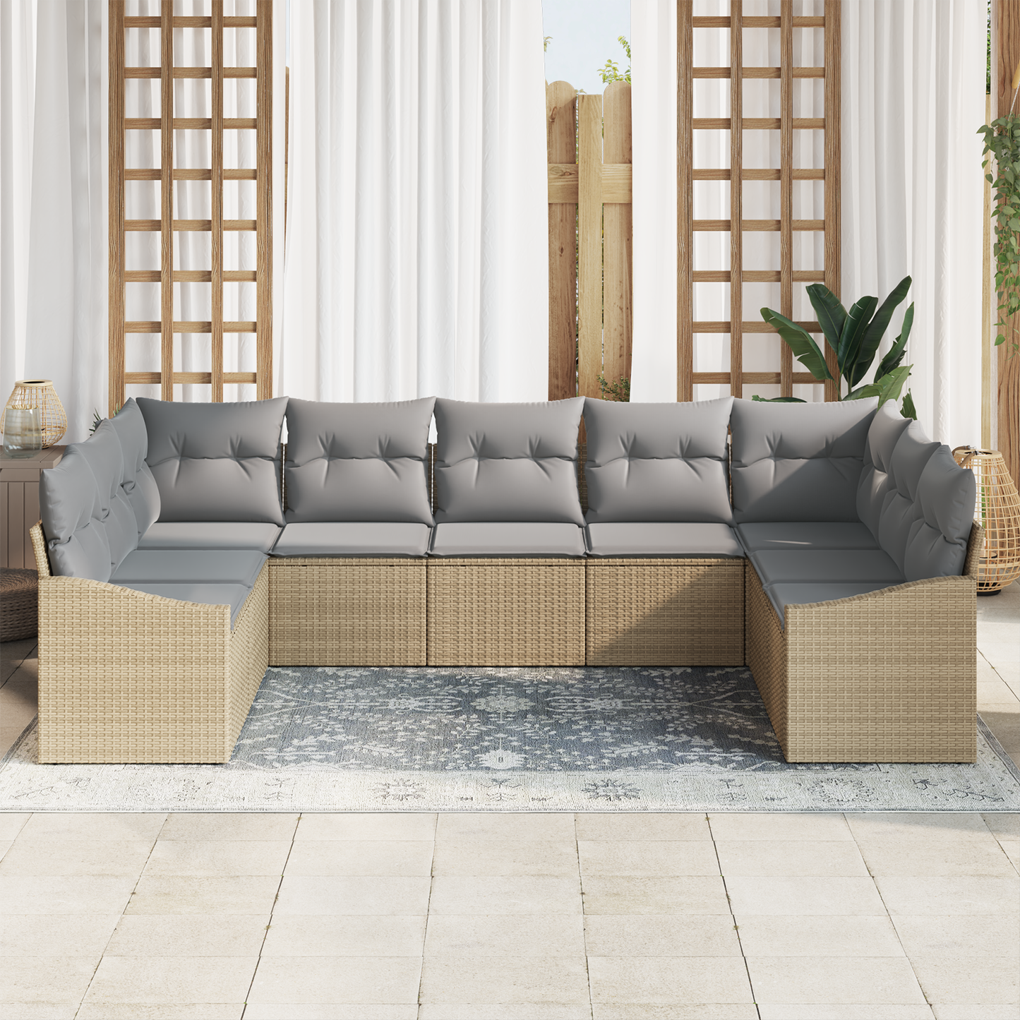 9 Delers Have Spisebord Sæt Med Puder Beige Poly Rattan