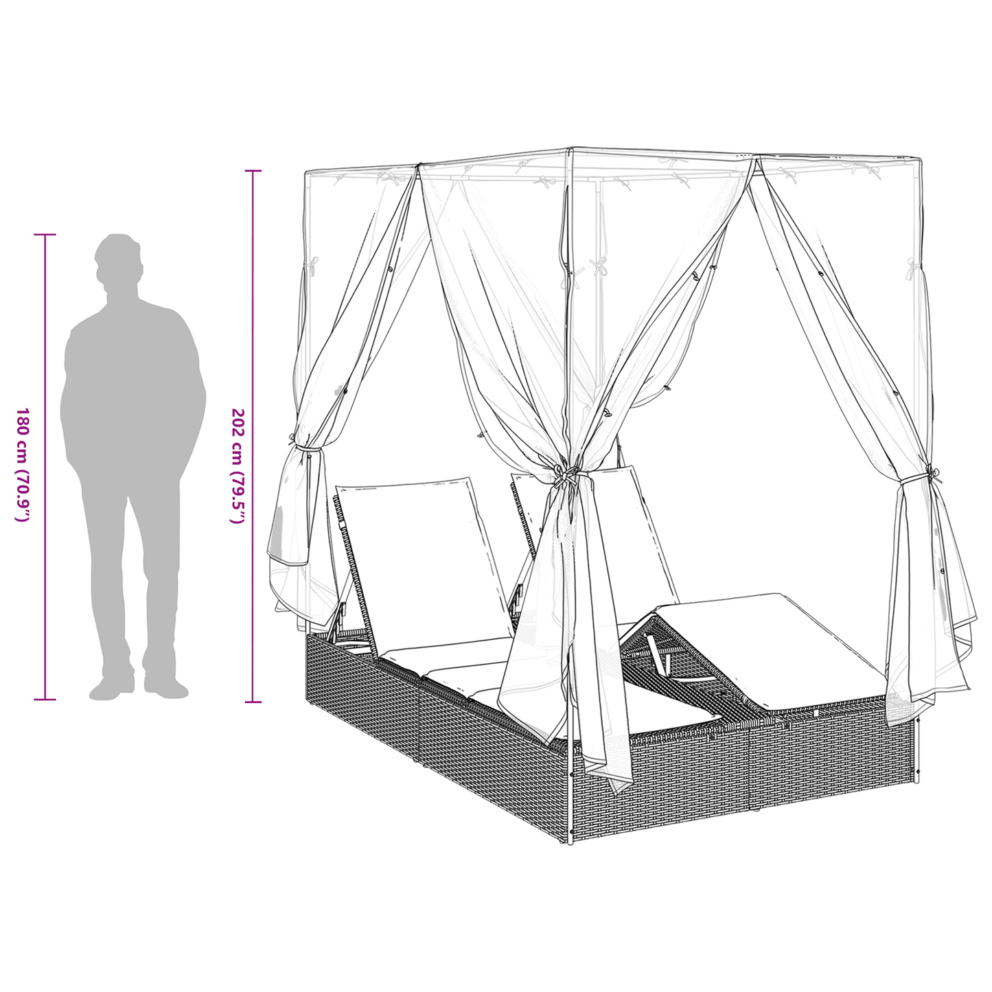 Dobbelt Solseng Med Tag Grå 205 X 129 X 200 Cm Pe Rattan