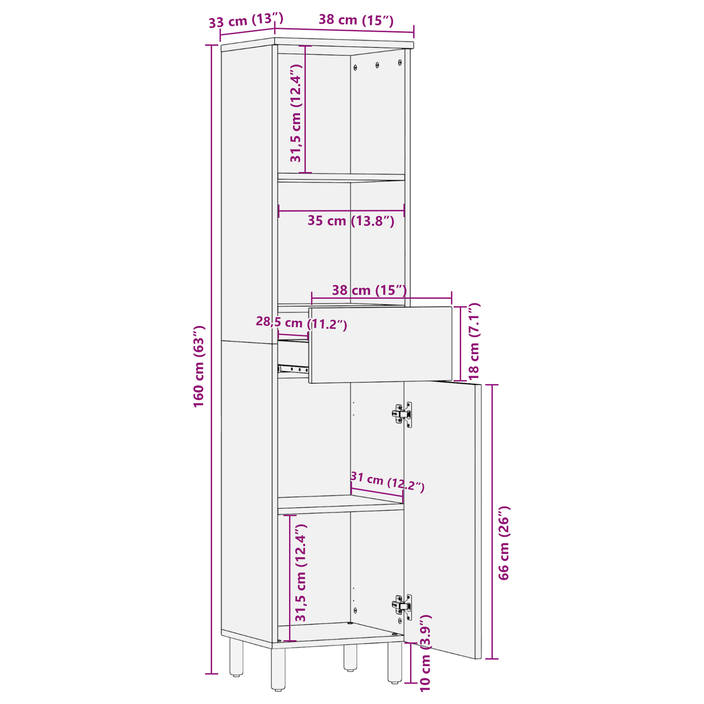Badeværelsesskab Brun 38 X 33 X 160 Cm Massivt Akacietræ