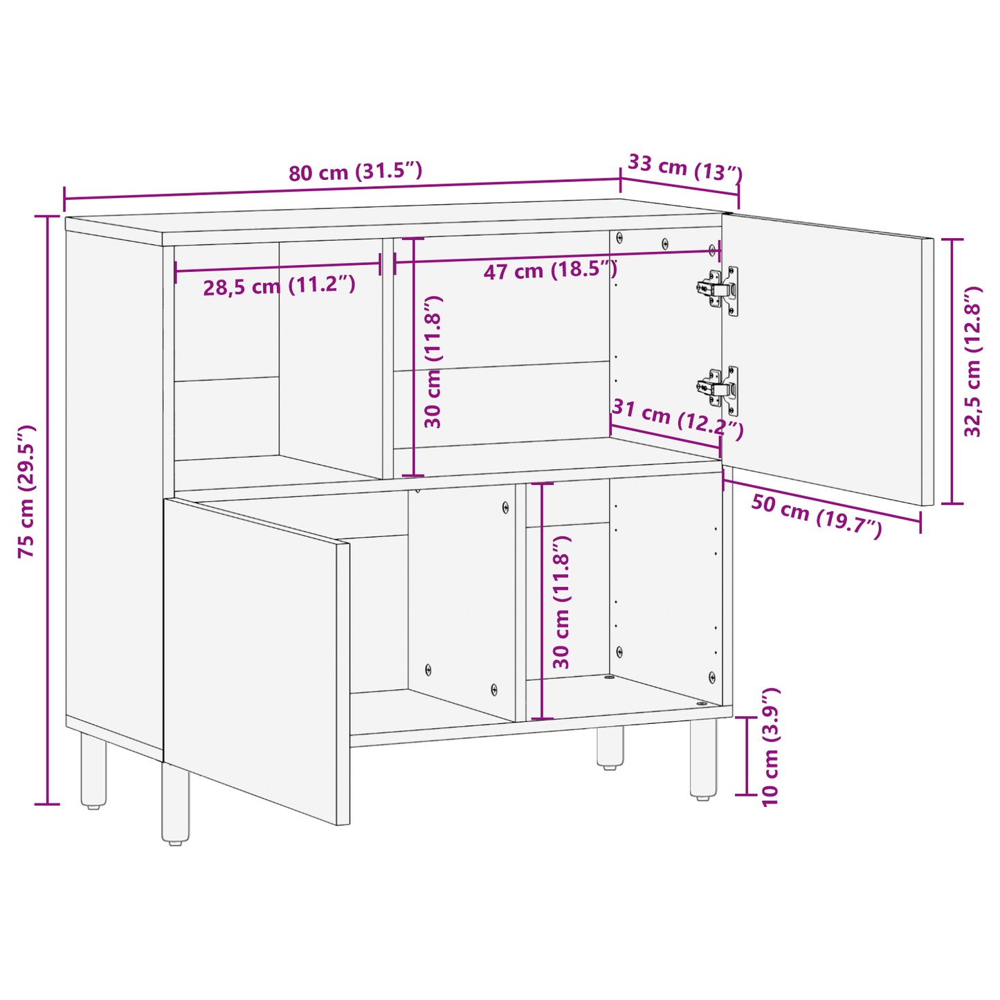 Sideboard Med Hylde Brun 80 X 33 X 75 Cm Massivt Akacietræ