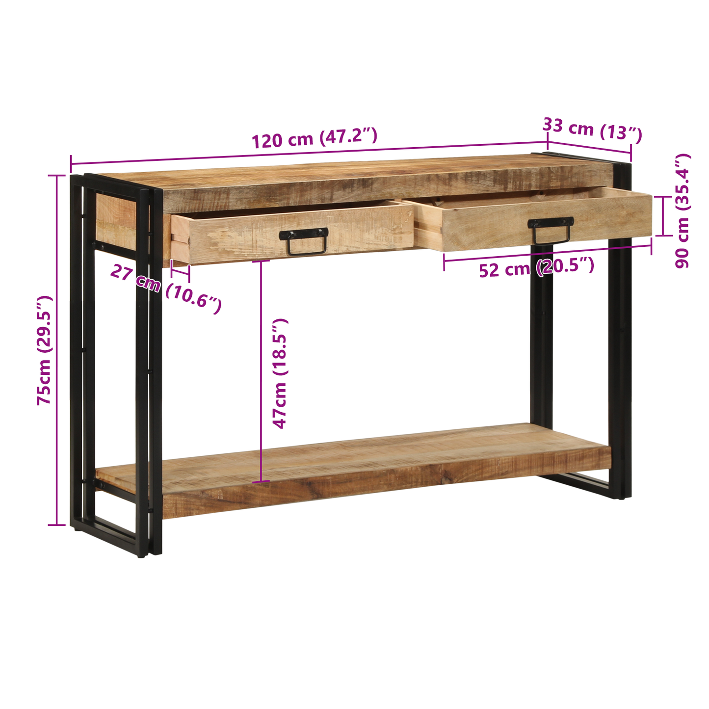 Konsolbord 120X33X75 Cm Solid Rå Mango Træ