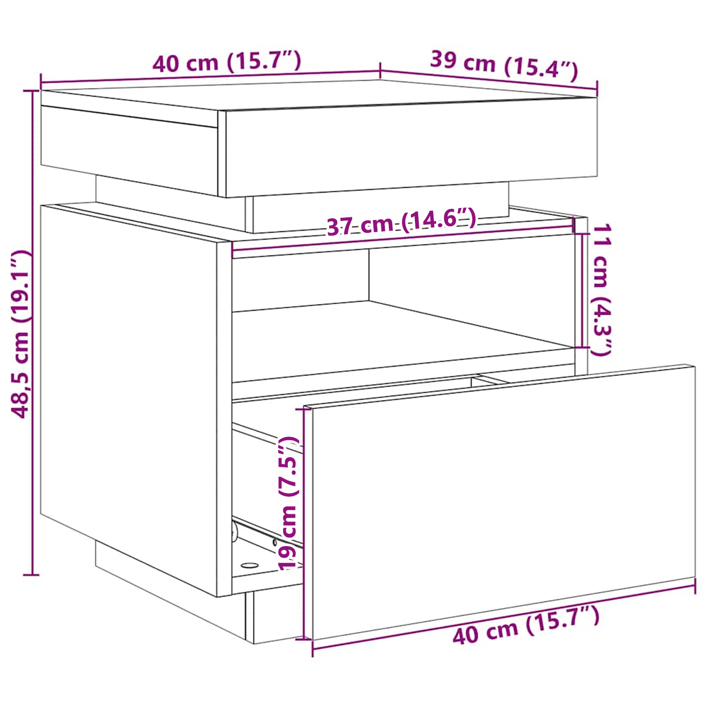 Sengbord Med Led-Lys Sort Eg 40X39X48,5 Cm