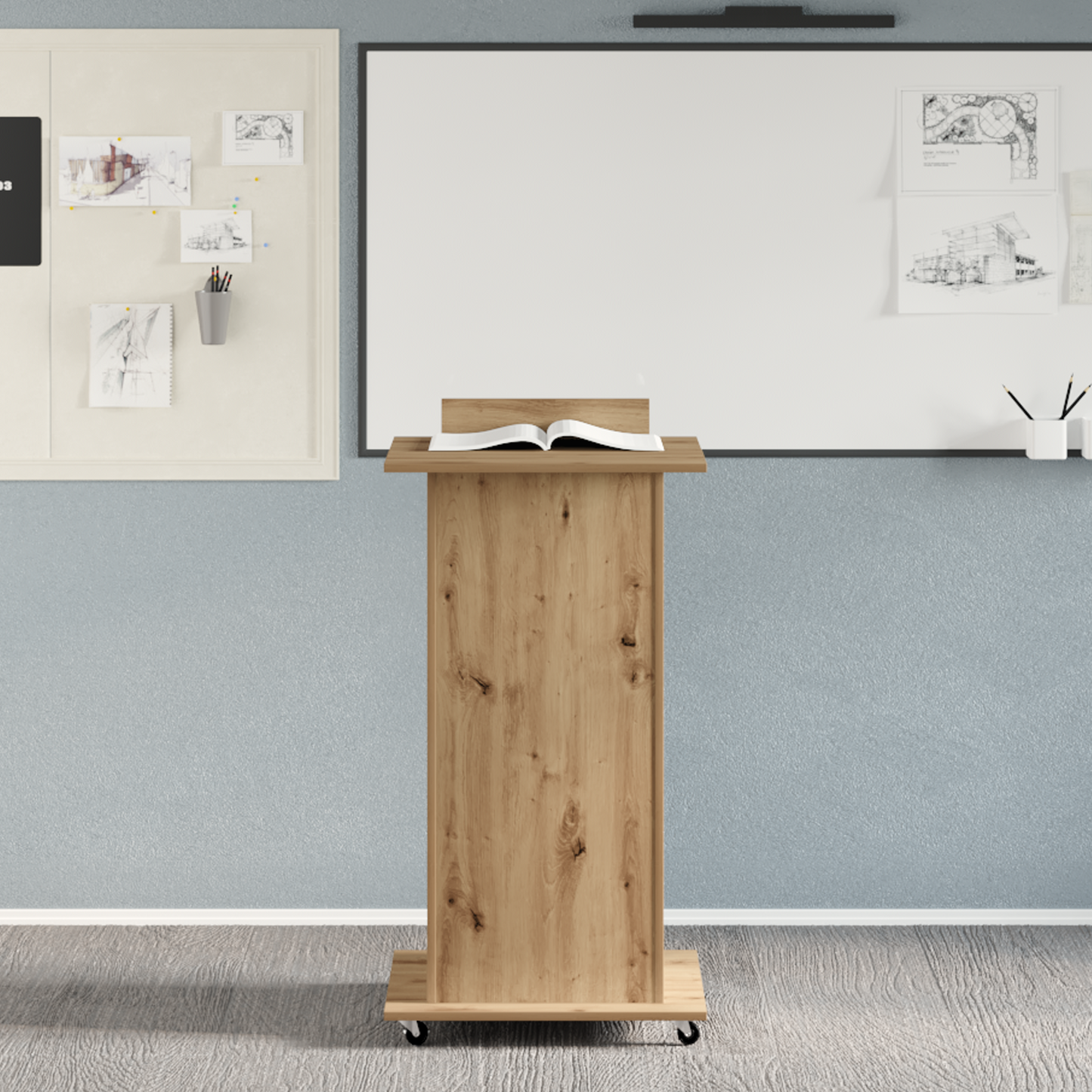 Foredragsholder Podium Med Hjul Affederet Eg Konstrueret Træ
