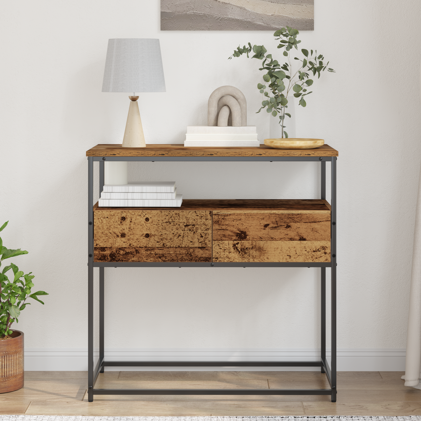 Konsolbord Gammel Træ 75X40X75 Cm Ingeniørtræ Og Stål