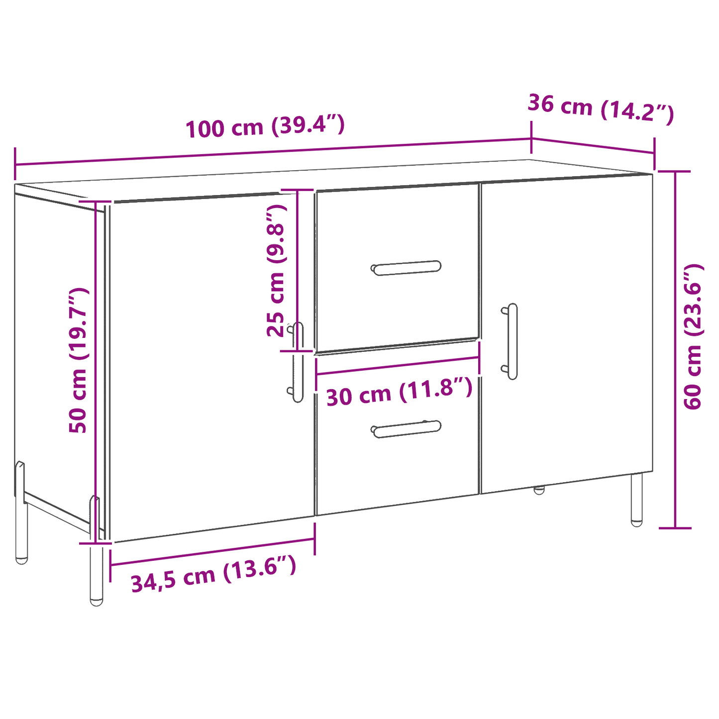 Sideboard Med Skuffe Sort Eg 100 X 36 X 60 Cm Konstrueret Træ