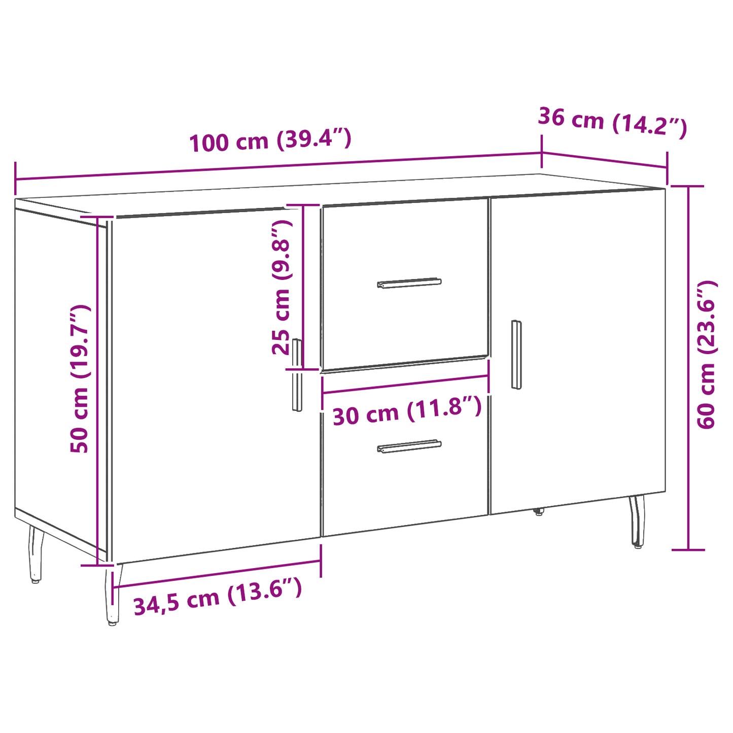 Sideboard Med Skuffe Sort Eg 100 X 36 X 60 Cm Konstrueret Træ