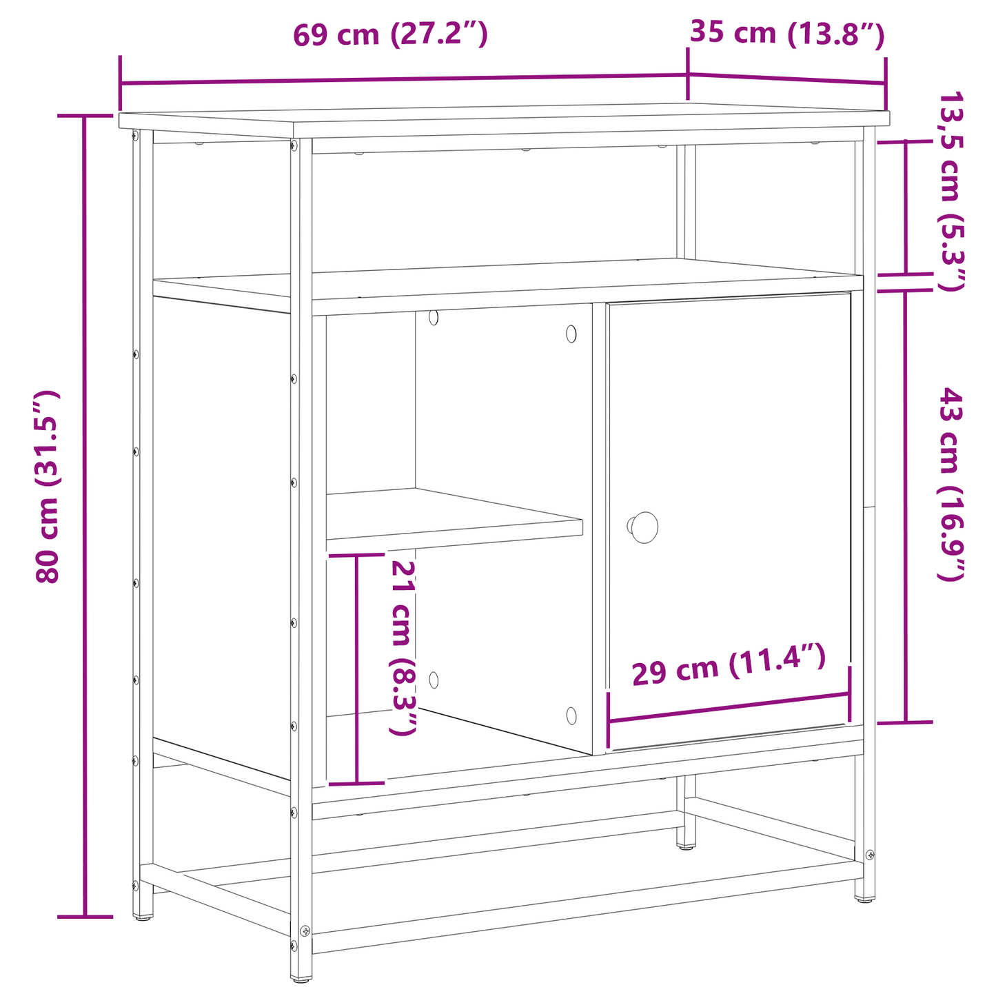 Skænk Sort Eg 69X35X80 Cm Konstrueret Træ Og Stål