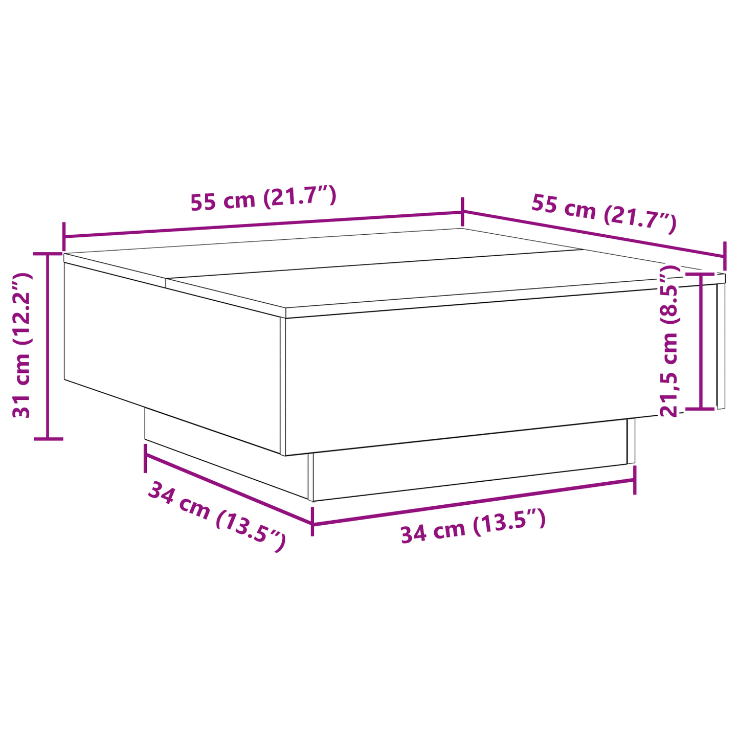 Sofabord Med Led-Lys Sort Eg 80X80X31 Cm