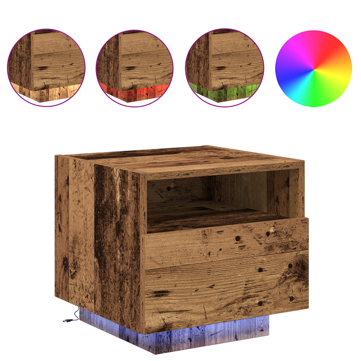 Sengebord Med Led-Lys Gammel Træ 40X39X37 Cm