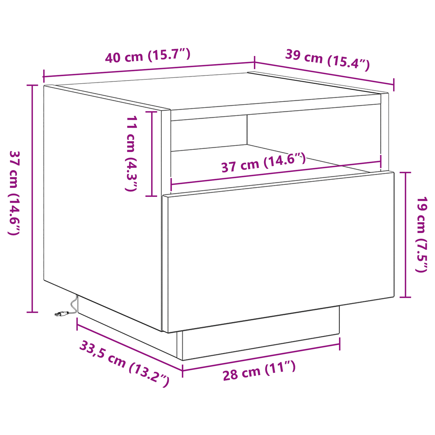 Sengebord Med Led-Lys Sort Eg 40X39X37 Cm