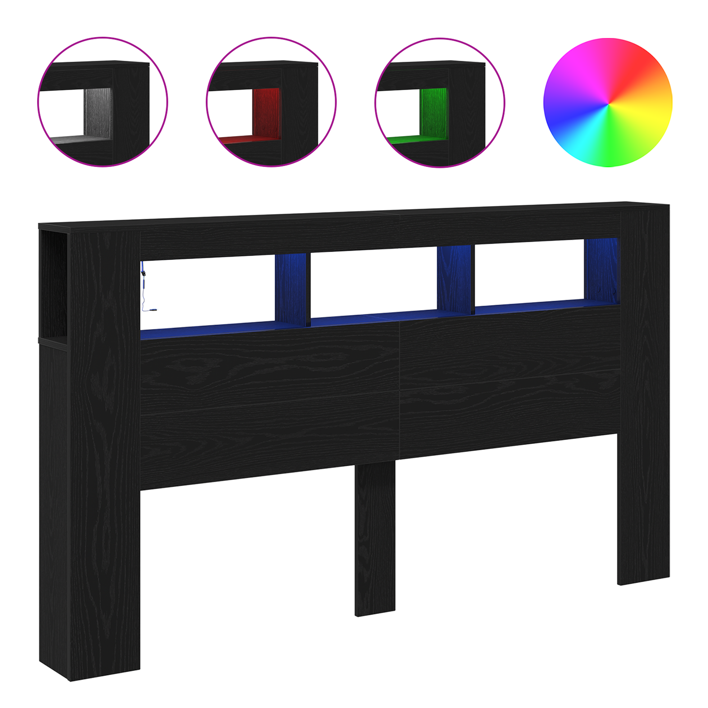 Opbevaringshovedgærde Med Led-Lys Sort Eg 180X18,5X103,5 Cm