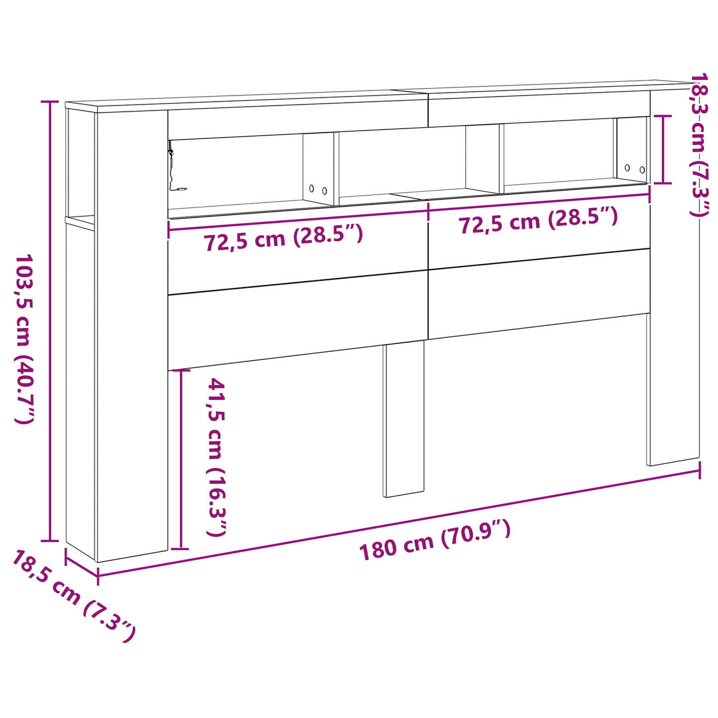 Opbevaringshovedgærde Med Led-Lys Sort Eg 180X18,5X103,5 Cm