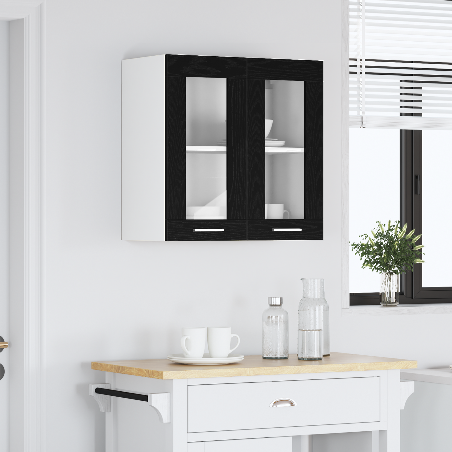 Hængende Glas Skab I Sort Egetræ - 60X31X60 Cm