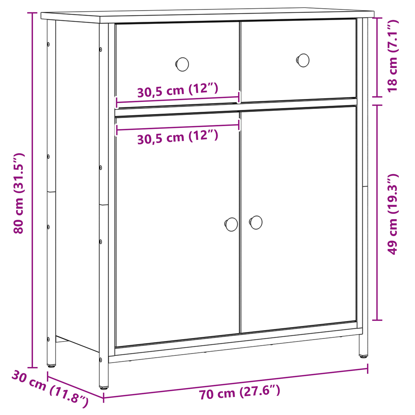 Sideboard Med Skuffe Sort Eg 70 X 30 X 80 Cm Konstrueret Træ