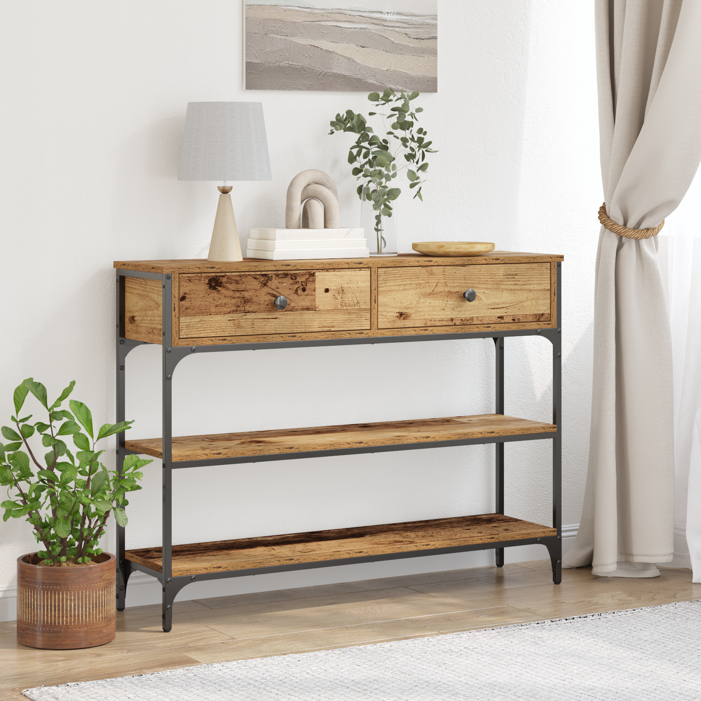 Konsolbord Gamle Træ 100X25X75 Cm Ingeniørtræ Og Stål